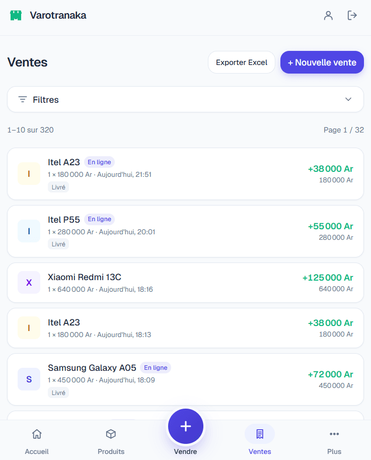 Liste des ventes sur mobile avec filtres et nouvelle vente rapide